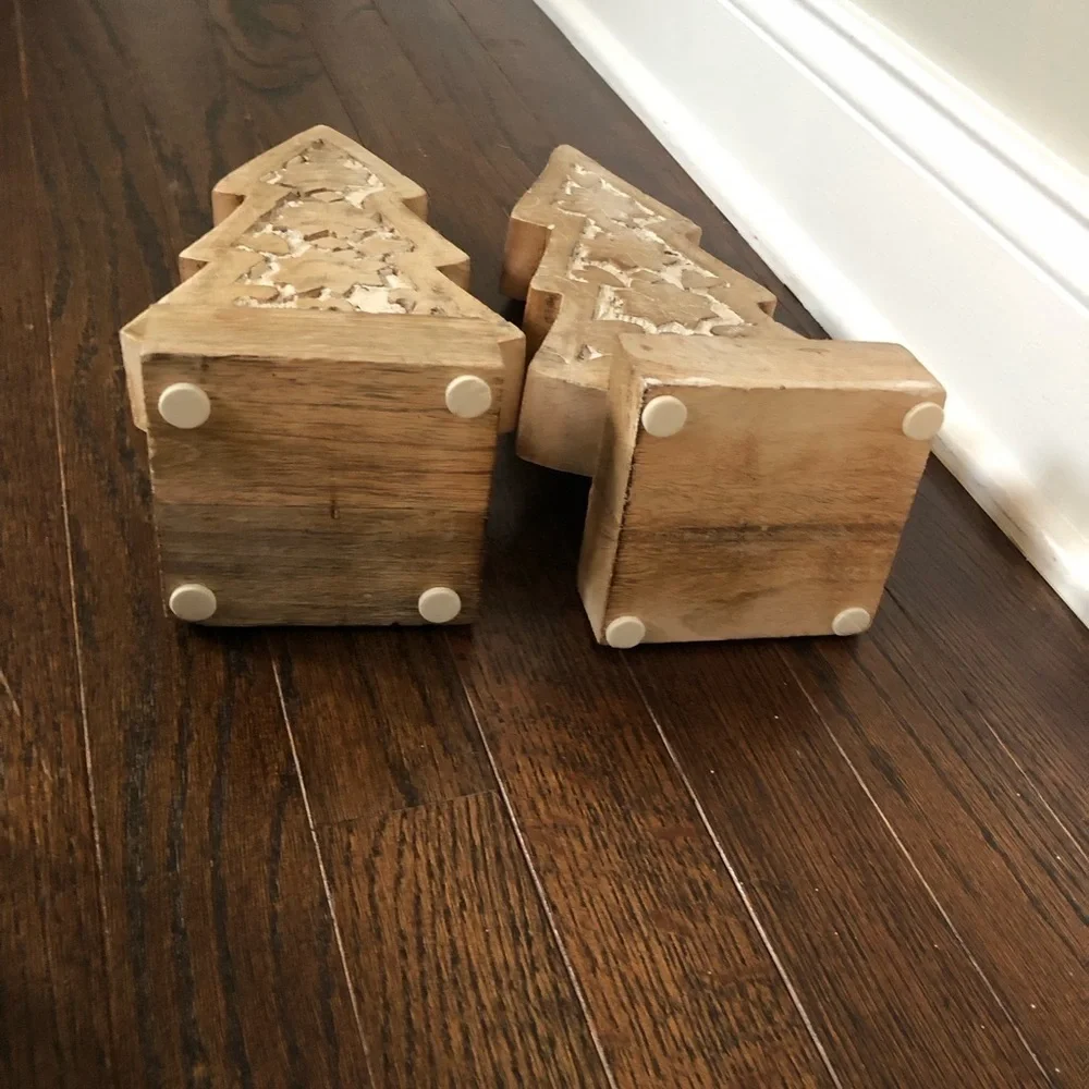 Rustic Farmhouse Hand-Carved 12” Wooden Christmas Trees w/Distressed Finish x2